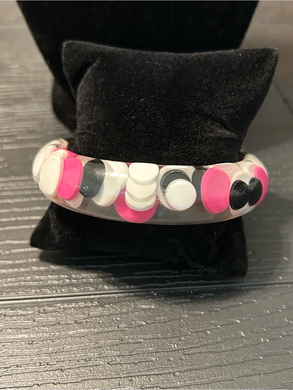 Vintage Black, White and Hot Pink Injected Pill Dot Lucite Resin Bangle Bracelet - Picture 6 of 7